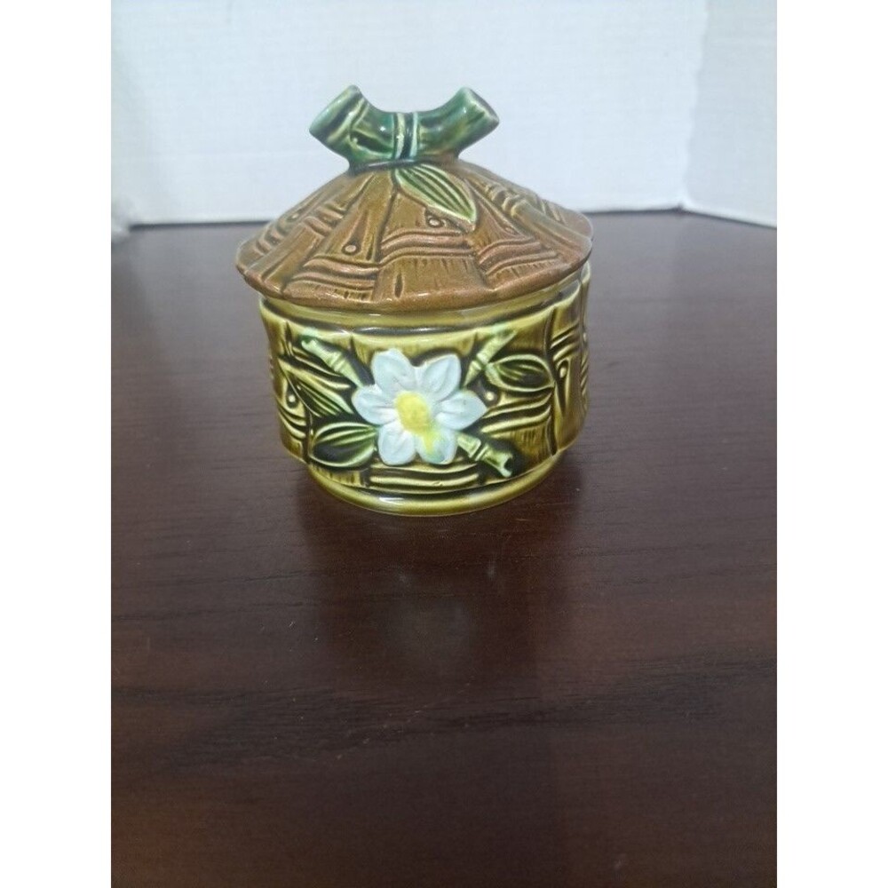 Vintage Tilso Japan Green Bamboo Ceramic Handpainted Sugar Bowl